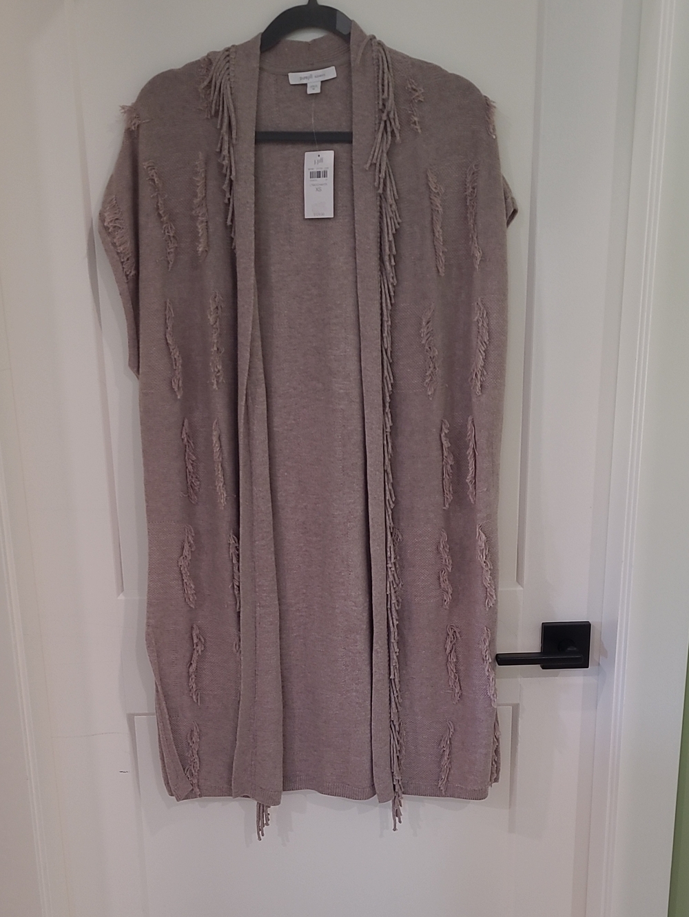 Light Taupe Open-Front Fringe Knit Sleeveless Cardigan - Women